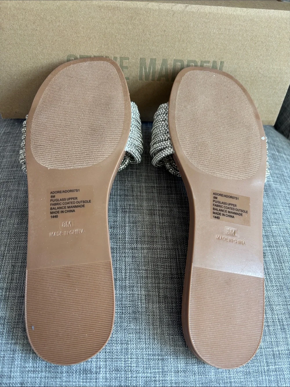 Steve Madden Tan Slide Sandals with Silver Beaded Knot Detail